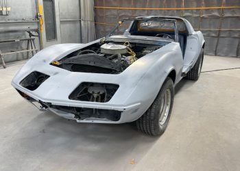 White Corvette in the shop before bodywork