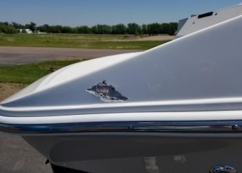 Boat hull undergoing fiberglass repair